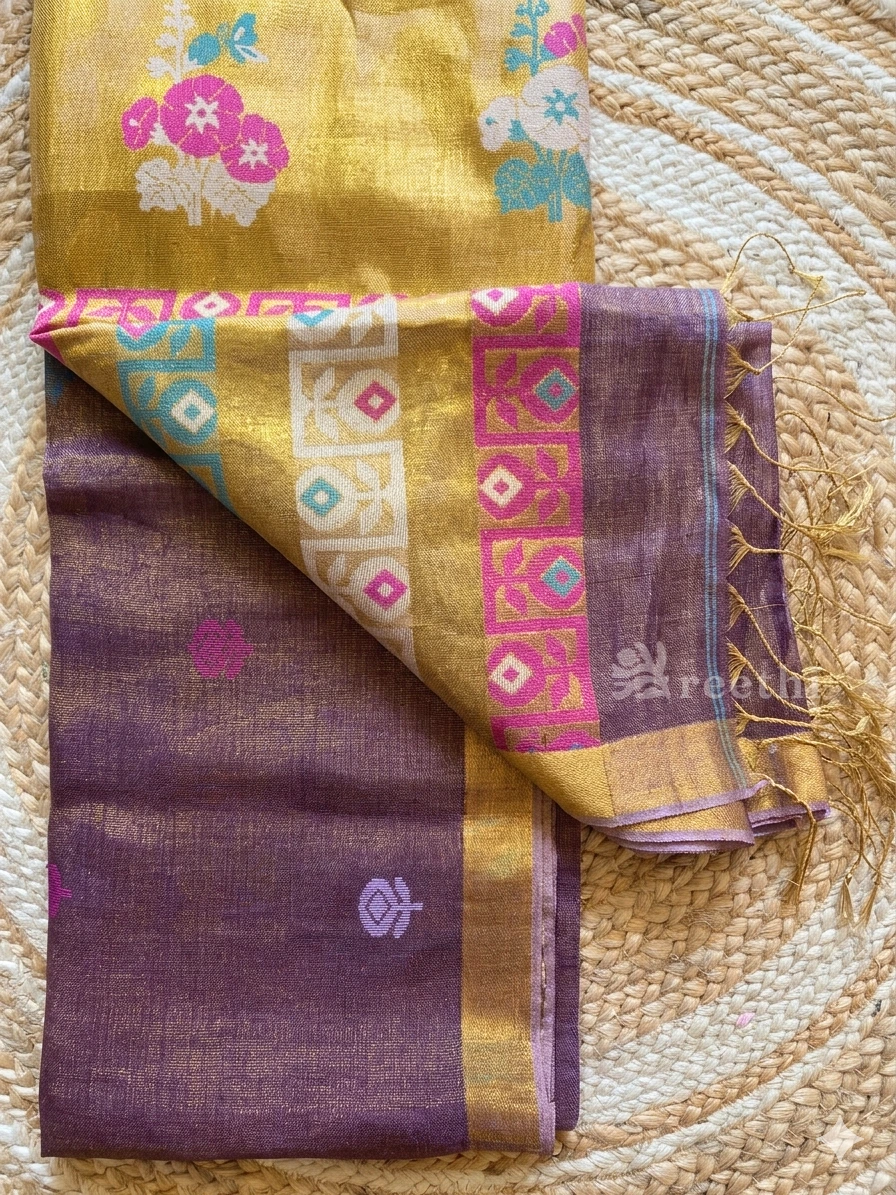 Linen Tissue Jamdani - Mustard & Plum